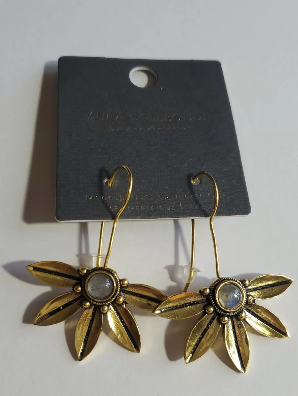 Cost Plus World Market 14K Gold Plated Floral Drop Earrings Semi Precious Stone - Picture 3 of 5